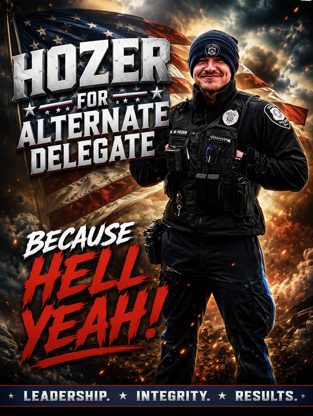 Campaign poster: Hozer for Alternate Delegate — Because Hell Yeah!